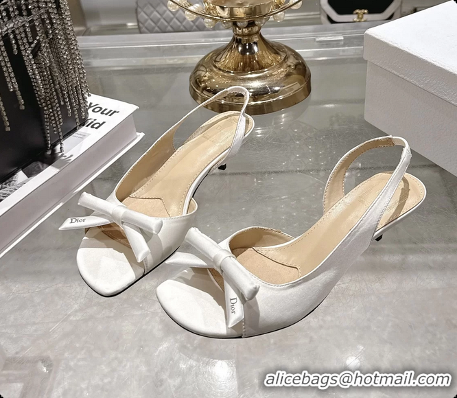 Duplicate Dior Bow Heeled Slingback Sandals White Satin Fabric 35MM 6070205