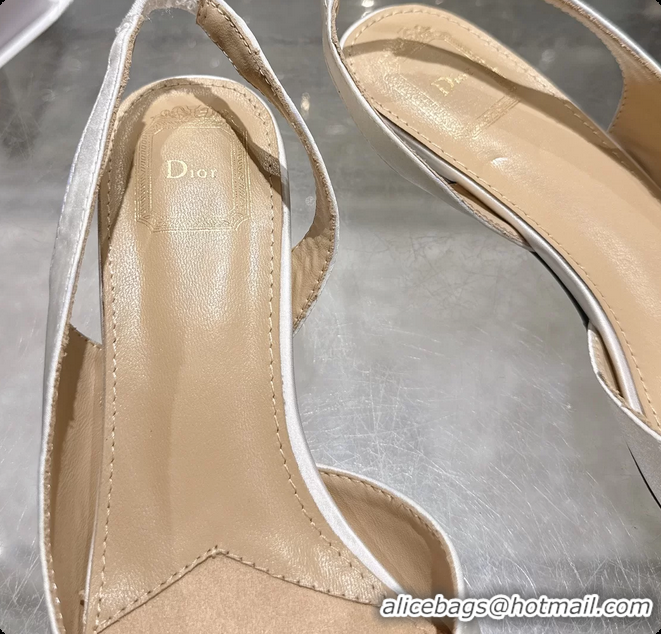 Duplicate Dior Bow Heeled Slingback Sandals White Satin Fabric 35MM 6070205