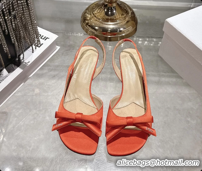 Stylish Dior Bow Heeled Slingback Sandals Orange Satin Fabric 35MM 6070205