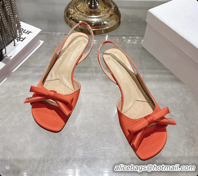 Stylish Dior Bow Heeled Slingback Sandals Orange Satin Fabric 35MM 6070205