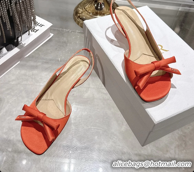 Stylish Dior Bow Heeled Slingback Sandals Orange Satin Fabric 35MM 6070205