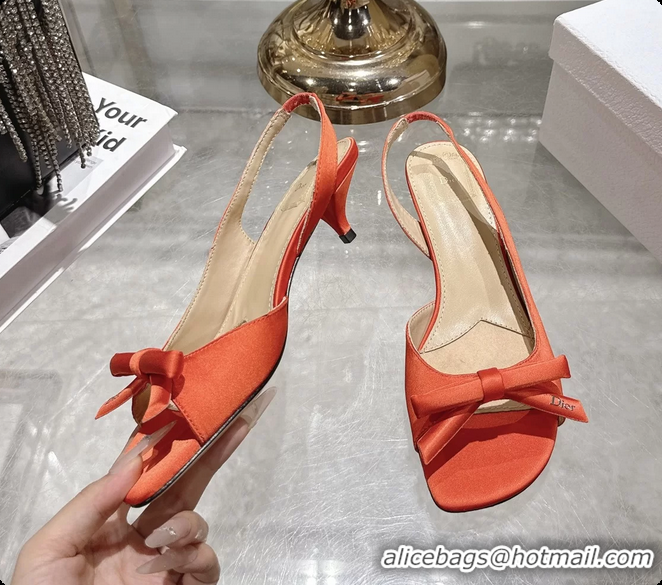 Stylish Dior Bow Heeled Slingback Sandals Orange Satin Fabric 35MM 6070205