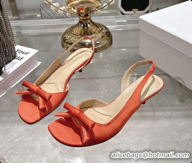 Stylish Dior Bow Heeled Slingback Sandals Orange Satin Fabric 35MM 6070205