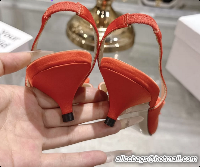 Stylish Dior Bow Heeled Slingback Sandals Orange Satin Fabric 35MM 6070205