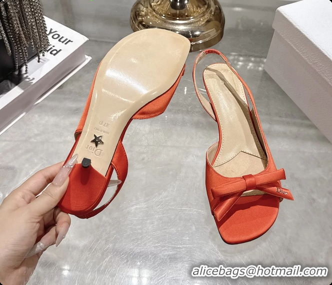 Stylish Dior Bow Heeled Slingback Sandals Orange Satin Fabric 35MM 6070205
