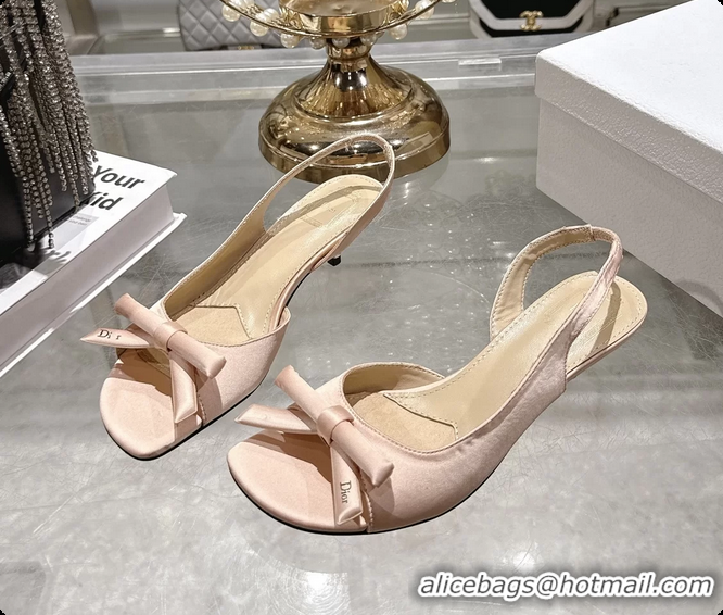 Hot Style Dior Bow Heeled Slingback Sandals Light Pink Satin Fabric 35MM 6070205