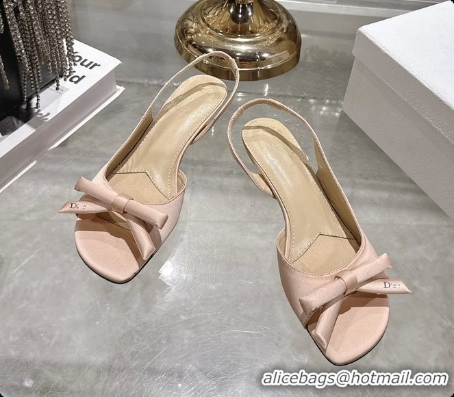 Hot Style Dior Bow Heeled Slingback Sandals Light Pink Satin Fabric 35MM 6070205