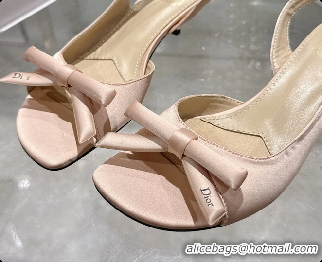 Hot Style Dior Bow Heeled Slingback Sandals Light Pink Satin Fabric 35MM 6070205