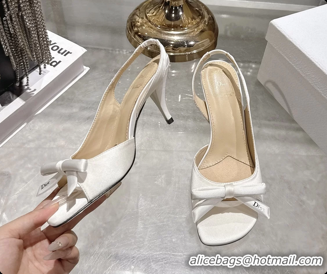 Luxurious Dior Bow Heeled Slingback Sandals White Satin Fabric 75MM 6070205