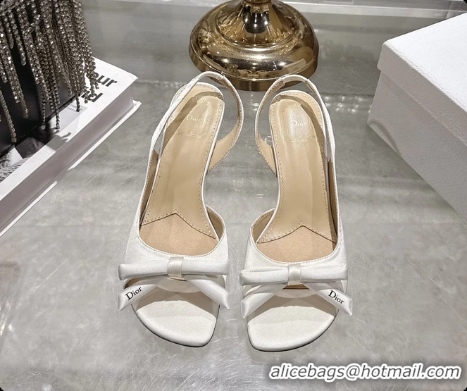 Luxurious Dior Bow Heeled Slingback Sandals White Satin Fabric 75MM 6070205