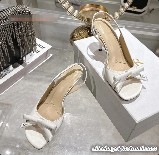 Luxurious Dior Bow Heeled Slingback Sandals White Satin Fabric 75MM 6070205