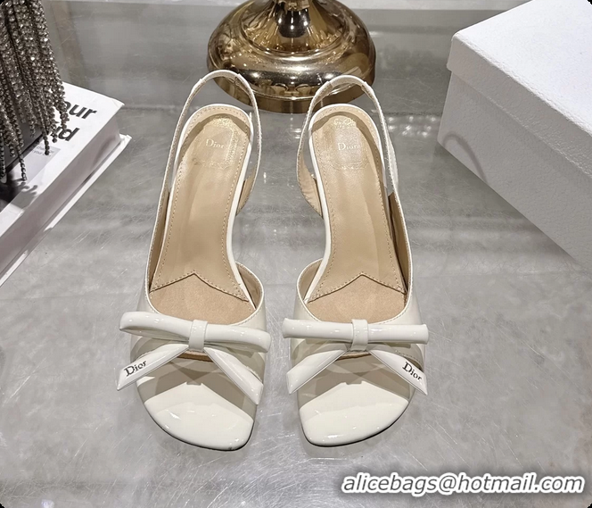 Best Product Dior Bow Heeled Slingback Sandals White Patent Leather 75MM 6070205