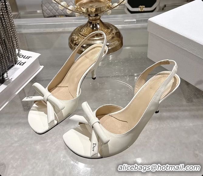 Best Product Dior Bow Heeled Slingback Sandals White Patent Leather 75MM 6070205