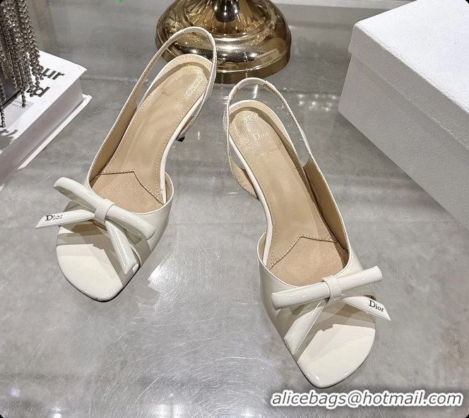 Best Product Dior Bow Heeled Slingback Sandals White Patent Leather 75MM 6070205