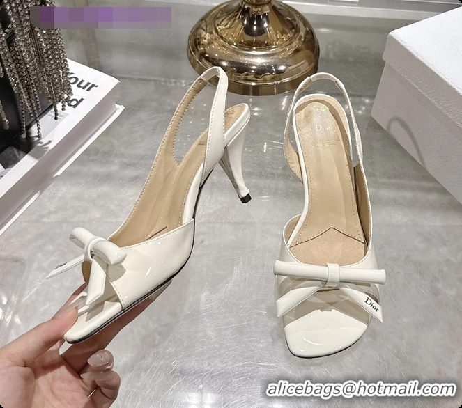Best Product Dior Bow Heeled Slingback Sandals White Patent Leather 75MM 6070205