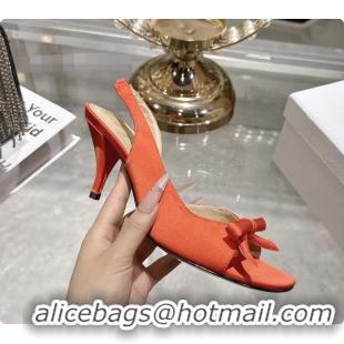 Top Grade Dior Bow Heeled Slingback Sandals Orange Satin Fabric 75MM 6070205