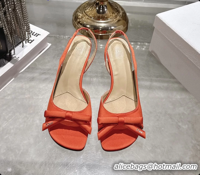 Top Grade Dior Bow Heeled Slingback Sandals Orange Satin Fabric 75MM 6070205