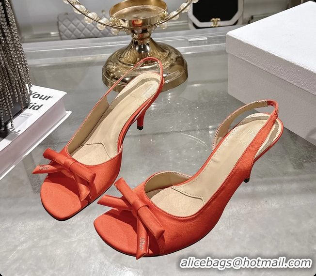 Top Grade Dior Bow Heeled Slingback Sandals Orange Satin Fabric 75MM 6070205
