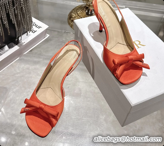 Top Grade Dior Bow Heeled Slingback Sandals Orange Satin Fabric 75MM 6070205