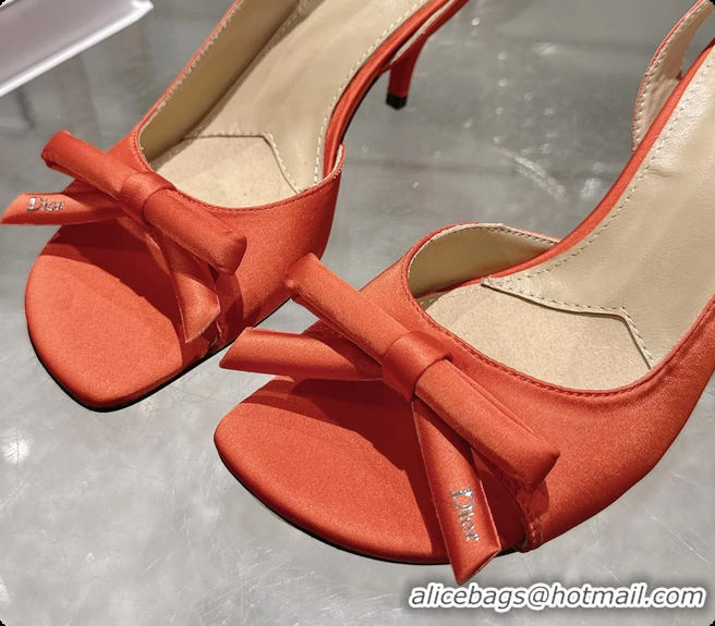 Top Grade Dior Bow Heeled Slingback Sandals Orange Satin Fabric 75MM 6070205