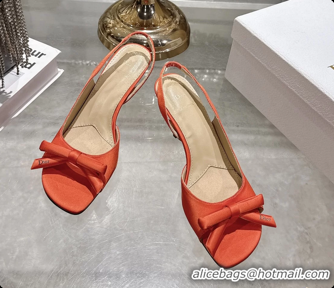 Top Grade Dior Bow Heeled Slingback Sandals Orange Satin Fabric 75MM 6070205
