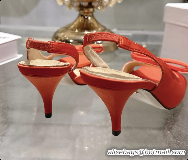 Top Grade Dior Bow Heeled Slingback Sandals Orange Satin Fabric 75MM 6070205