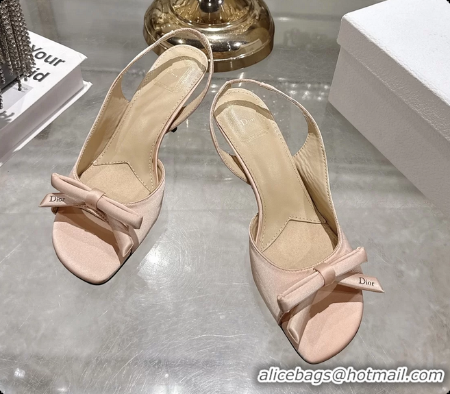 Modern Dior Bow Heeled Slingback Sandals Light Pink Satin Fabric 75MM 6070205