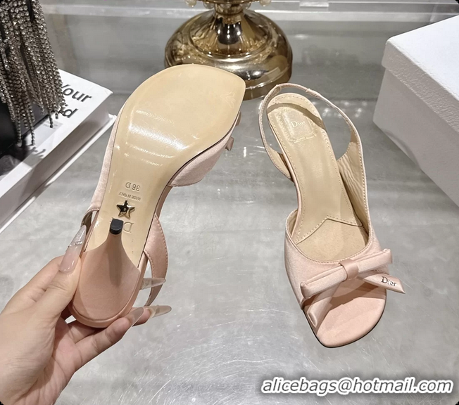 Modern Dior Bow Heeled Slingback Sandals Light Pink Satin Fabric 75MM 6070205