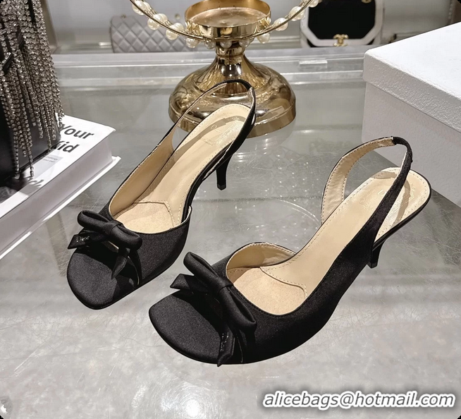 Buy Luxury Dior Bow Heeled Slingback Sandals Black Satin Fabric 75MM 6070205