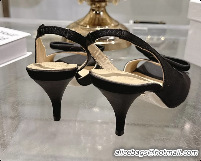 Buy Luxury Dior Bow Heeled Slingback Sandals Black Satin Fabric 75MM 6070205