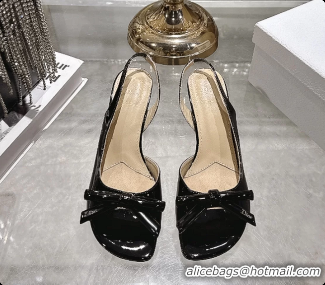 Crafted Dior Bow Heeled Slingback Sandals Black Patent Leather 75MM 6070205