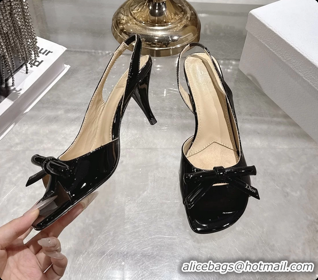 Crafted Dior Bow Heeled Slingback Sandals Black Patent Leather 75MM 6070205