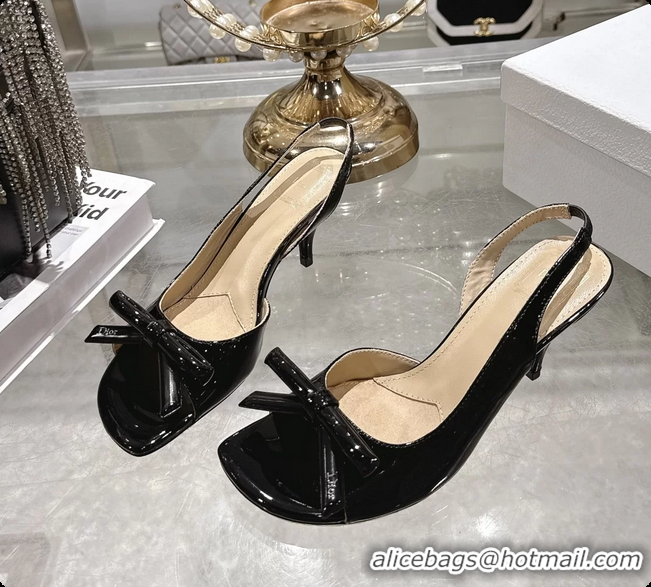 Crafted Dior Bow Heeled Slingback Sandals Black Patent Leather 75MM 6070205