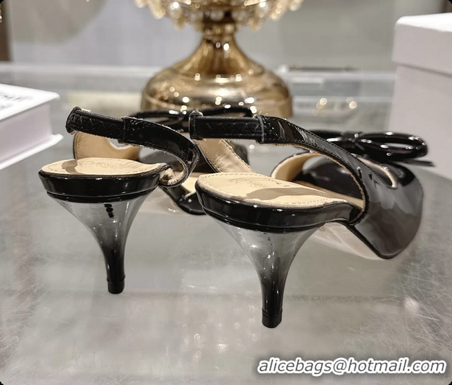 Crafted Dior Bow Heeled Slingback Sandals Black Patent Leather 75MM 6070205