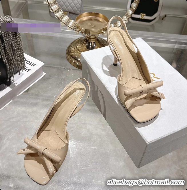 Pretty Style Dior Bow Heeled Slingback Sandals Beige Patent Leather 75MM 6070205