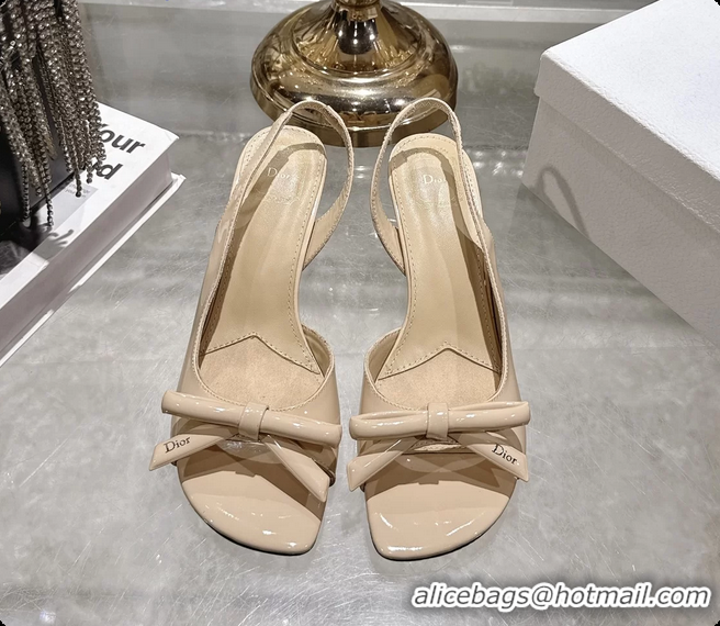 Pretty Style Dior Bow Heeled Slingback Sandals Beige Patent Leather 75MM 6070205