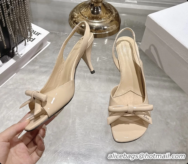 Pretty Style Dior Bow Heeled Slingback Sandals Beige Patent Leather 75MM 6070205