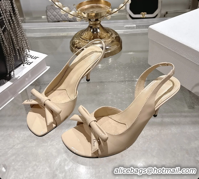 Pretty Style Dior Bow Heeled Slingback Sandals Beige Patent Leather 75MM 6070205