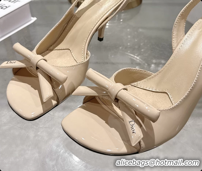 Pretty Style Dior Bow Heeled Slingback Sandals Beige Patent Leather 75MM 6070205