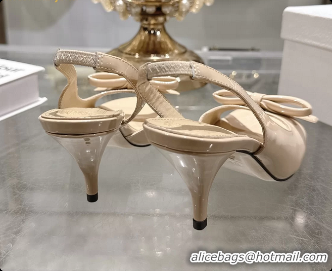 Pretty Style Dior Bow Heeled Slingback Sandals Beige Patent Leather 75MM 6070205