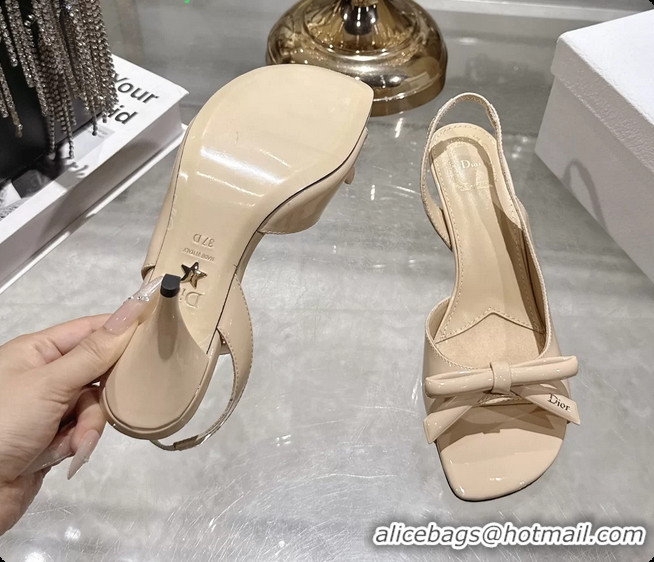 Pretty Style Dior Bow Heeled Slingback Sandals Beige Patent Leather 75MM 6070205