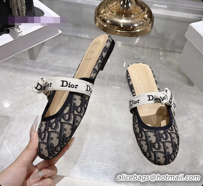 Buy Discount Dior Jadior Bow Flats Mules Navy Blue Dior Oblique Denim Fabric 6070206