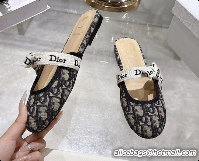 Buy Discount Dior Jadior Bow Flats Mules Navy Blue Dior Oblique Denim Fabric 6070206