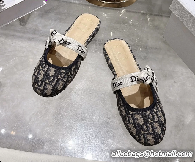 Buy Discount Dior Jadior Bow Flats Mules Navy Blue Dior Oblique Denim Fabric 6070206