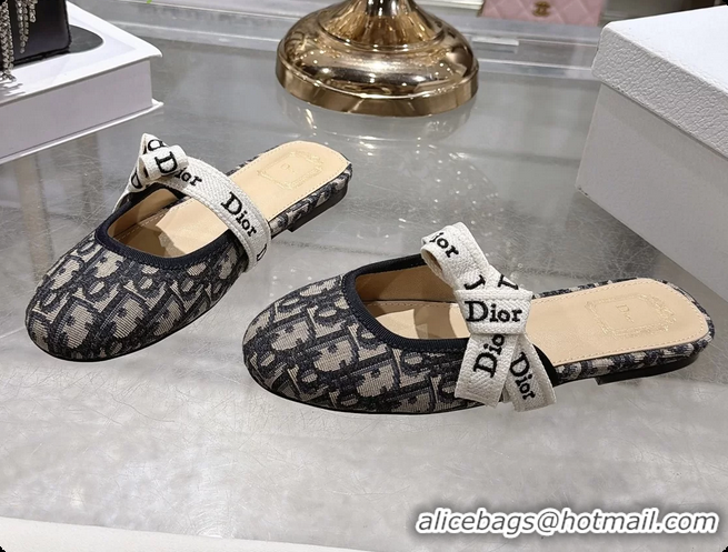Buy Discount Dior Jadior Bow Flats Mules Navy Blue Dior Oblique Denim Fabric 6070206