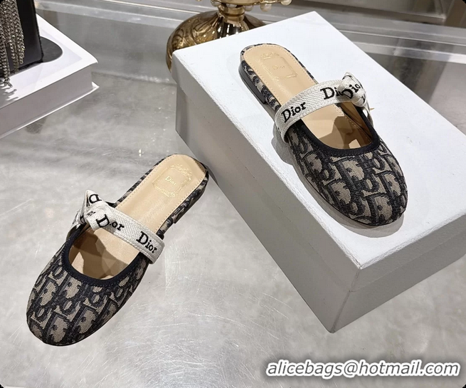 Buy Discount Dior Jadior Bow Flats Mules Navy Blue Dior Oblique Denim Fabric 6070206