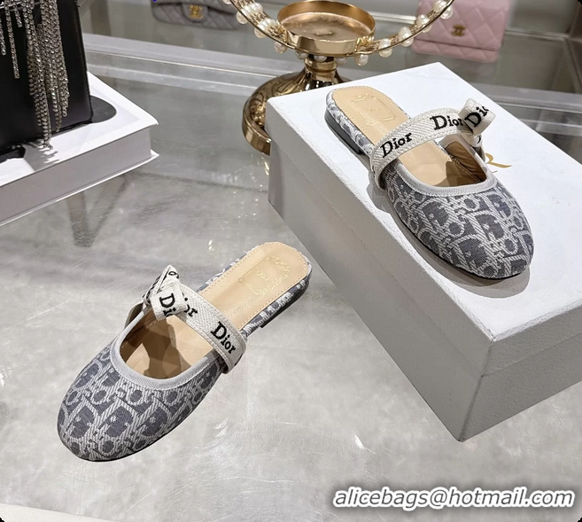 Shop Duplicate Dior Jadior Bow Flats Mules Gray Dior Oblique Denim Fabric 6070206