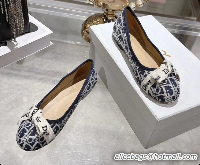 Top Design Dior Jadior Bow Ballet Flats Deep Blue Dior Oblique Denim Fabric 6070207