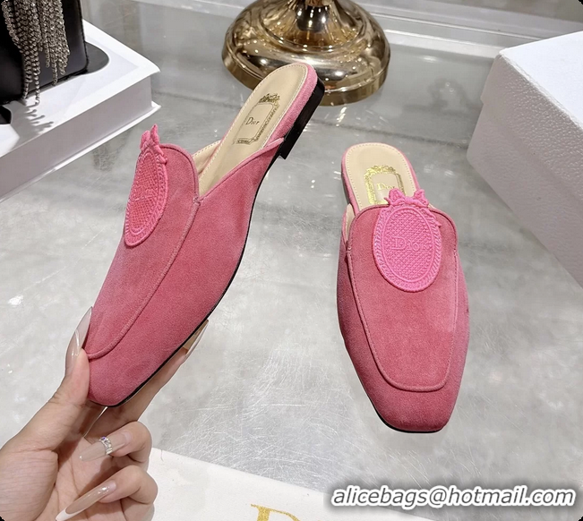 Buy Discount Dior Medaillon Flat Mules Pink Suede Leather 6070208