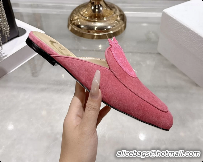 Buy Discount Dior Medaillon Flat Mules Pink Suede Leather 6070208